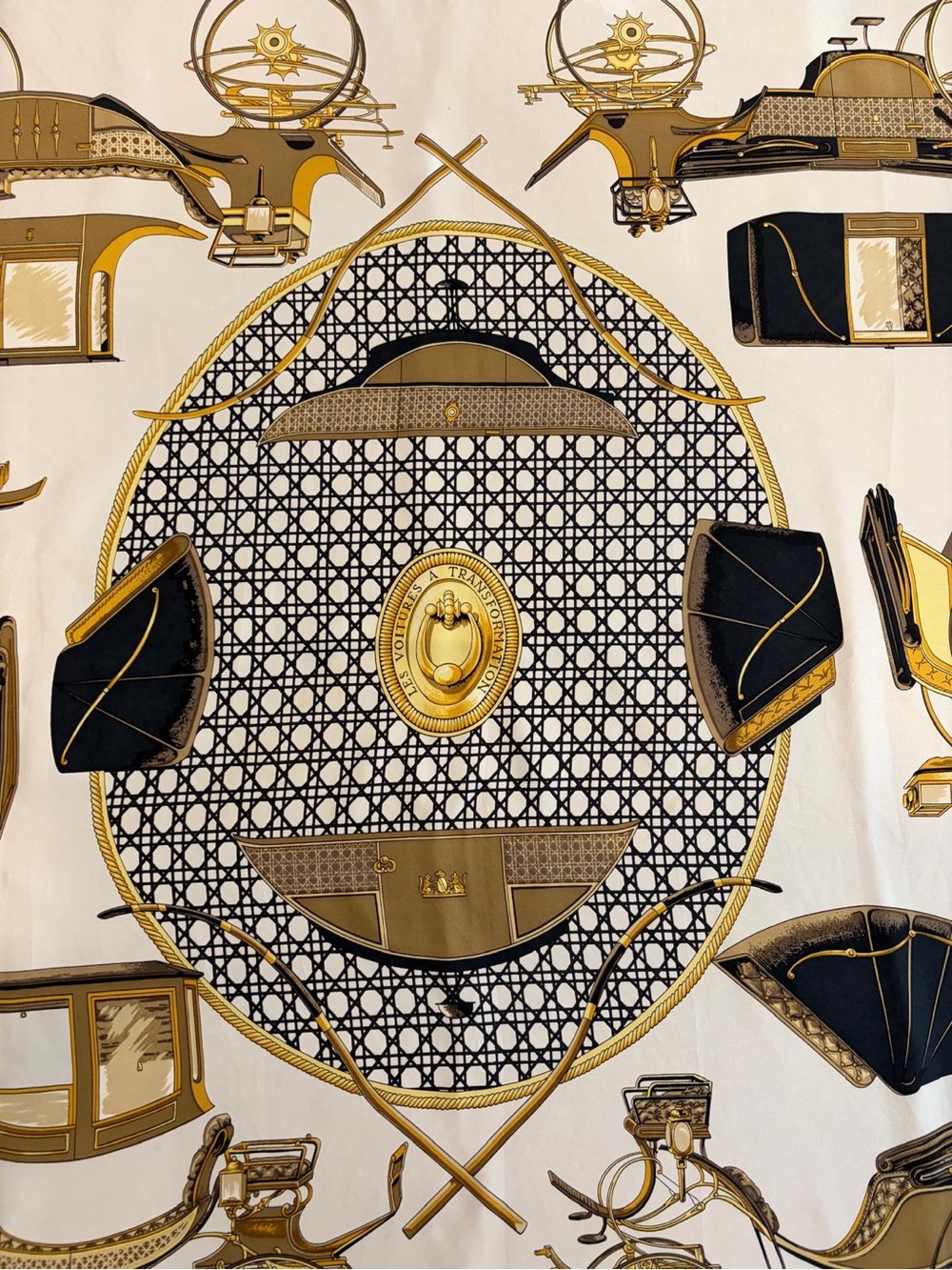 Hermes Silk Scarf Carré 90 Scarf Black Gold White Hand Rolled Made In France - Picture 2 of 13